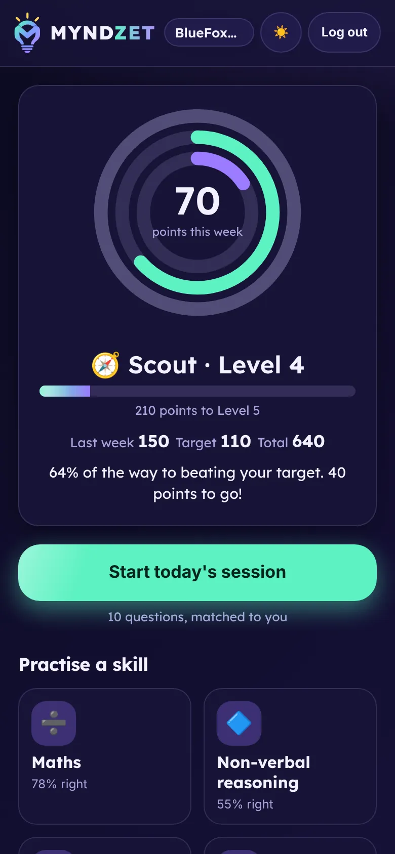Child home screen on a phone showing weekly points and skills